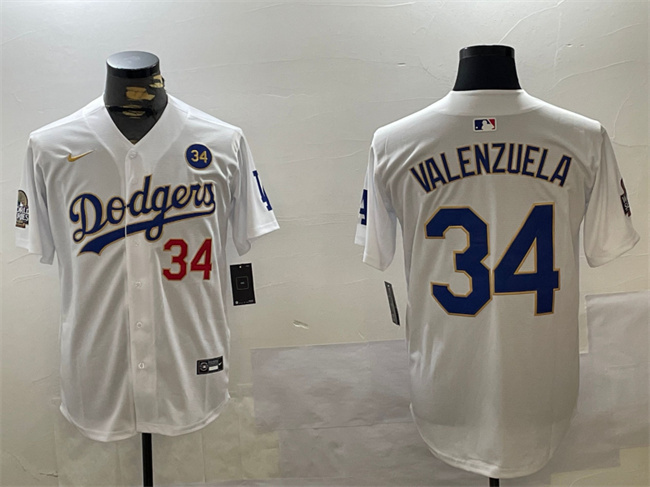 Men's Los Angeles Dodgers #34 Toro Valenzuela White Gold 2024 World Series With No. 34 Patch Home Limited Stitched Baseball Jersey Men's Los Angeles Dodgers #34 Toro Valenzuela White Gold 2024 World Series With No. 34 Patch Home Limited Stitched Baseball Jersey